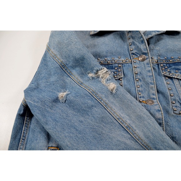 FREE PEOPLE Studded Original Denim Jean Distressed B/F Trucker Jacket Womens S‎ - Picture 13 of 16